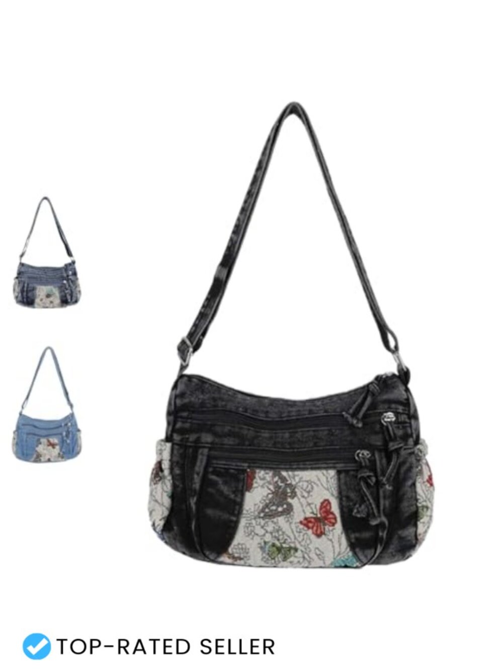 Trendy Denim Crossbody Purse with Butterfly Pattern
